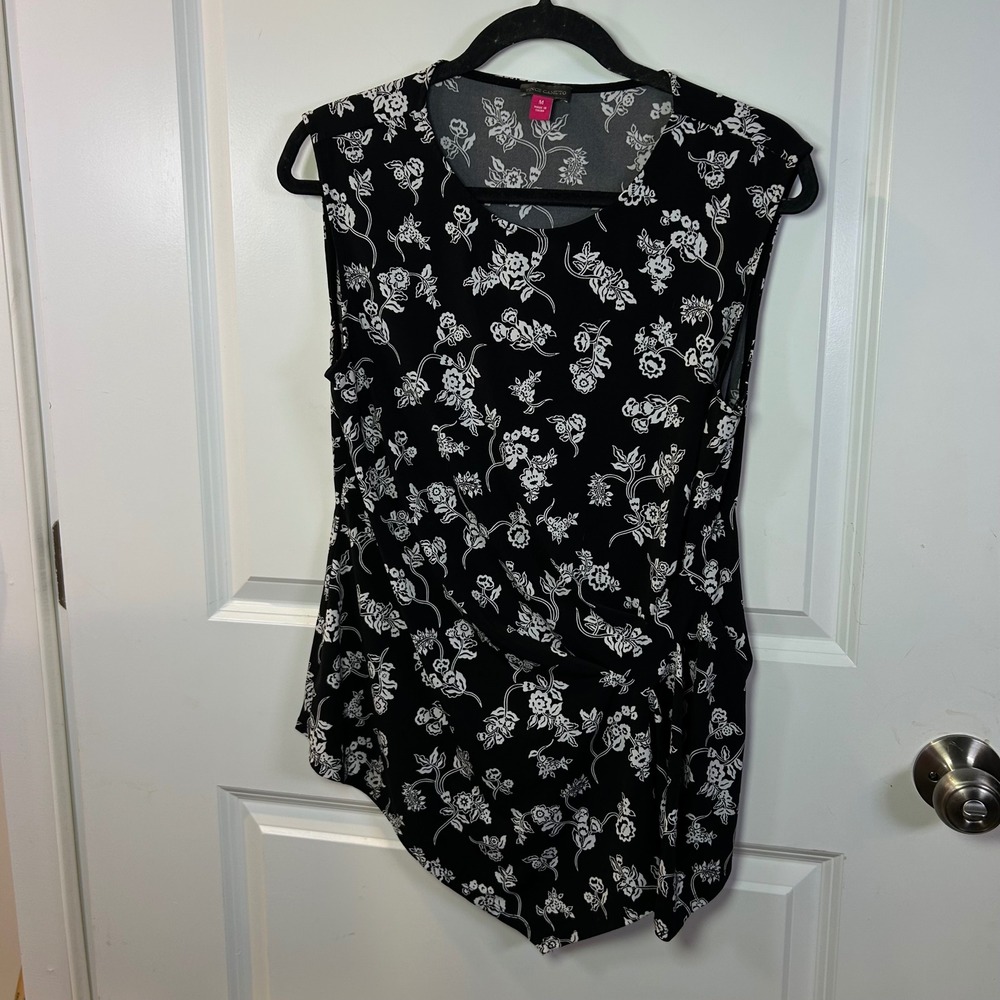 Vince Camuto Womens Sleeveless Top Ruched Floral Black White Size M